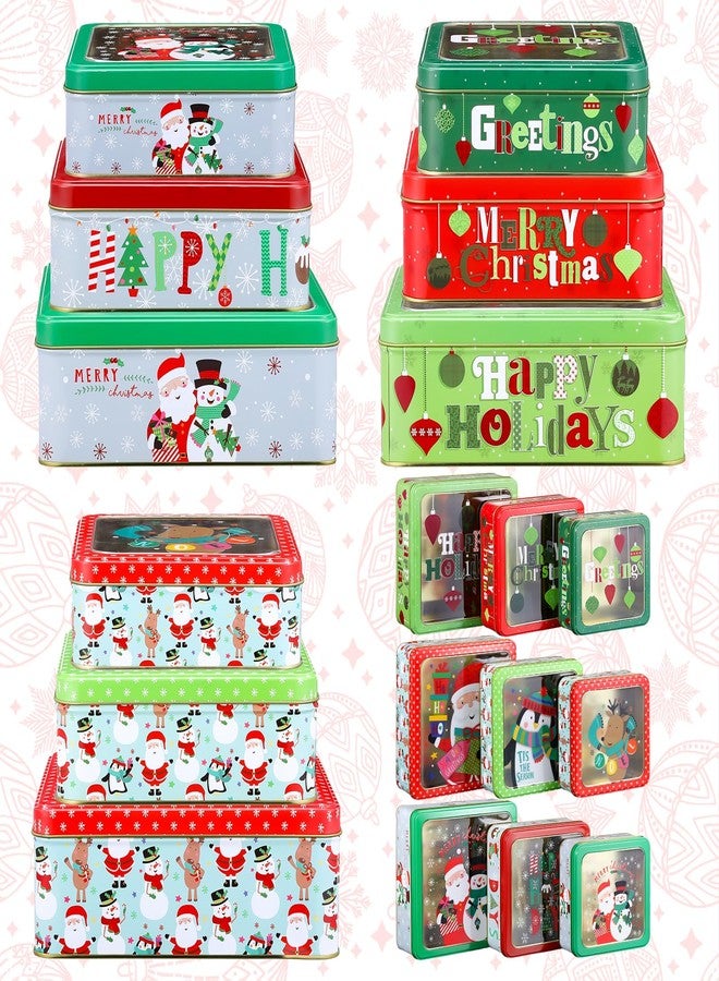 Nitial 9 Pack Christmas Cookie Tins with Lids for Gift Giving, Cookie Exchange, Holiday Treats, Square Festive Metal Nesting Containers Xmas Candy Boxes, 3 Sizes Large Medium Small - Image 1